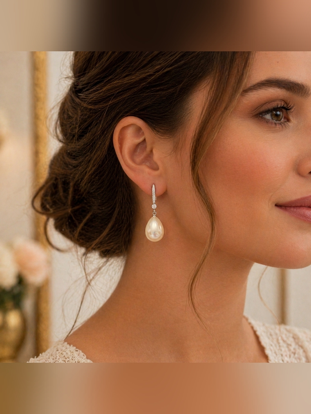 Teardrop Pearl Dangle Earrings | CZ Pave Silver Tone Hooks | Bridal